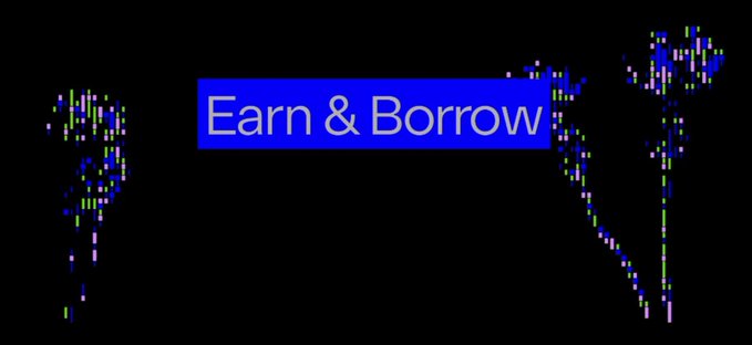 A digital graphic with the text 'Earn & Borrow' on a blue rectangle, flanked by pixelated blue and green tree and flower designs on a black background.