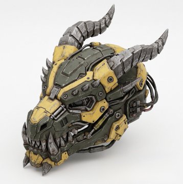A 3D render of a mechanical, robotic skull with yellow and gray panels, metal horns, and visible gears and wiring on a white background.