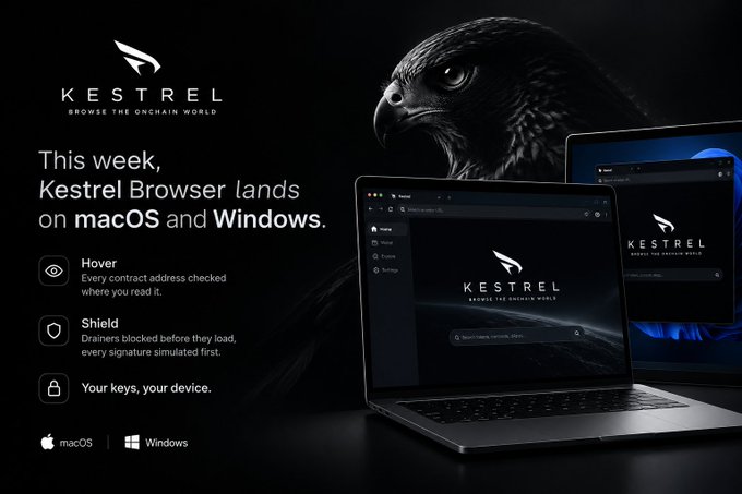 Promotional graphic for Kestrel Browser featuring a hawk silhouette and the tagline 'BROWSE THE ONCHAIN WORLD,' announcing its launch on macOS and Windows with features Hover, Shield, and 'Your keys, your device.'