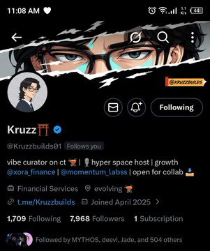 The image shows a Twitter/X profile for "Kruzz 🪄" (@Kruzzbuilds01) displaying 7,968 followers and 1,709 following, with a "Following" button indicating mutual connection. The caption references the rapid follower growth from 6k to nearly 8k in just 5 days, which is visually confirmed by the follower count shown on the profile.