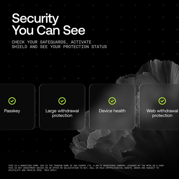 A black promotional graphic titled 'Security You Can See' from OKX, displaying four checked security features: Passkey, Large withdrawal protection, Device health, and Web withdrawal protection, with standard crypto risk disclaimers at the bottom.