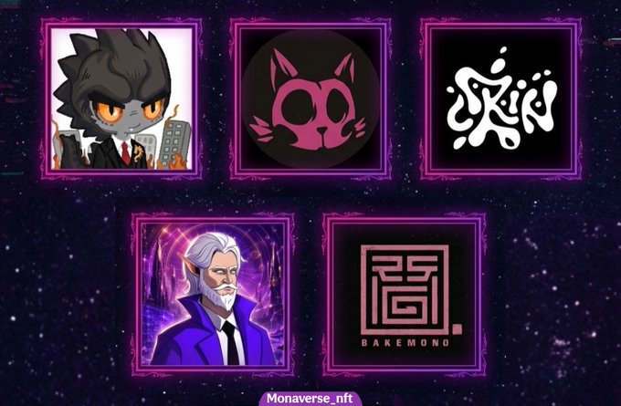 A collection of five framed NFT artworks from 'Monaverse_nft' against a starry purple background, featuring a cat character in a suit, a pink cat silhouette, abstract ink art, a white-haired vampire figure, and the Bakemono logo.