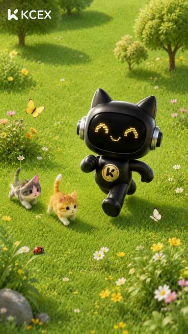 A cute black cat-shaped robot with "KCEX" on its chest runs playfully through a sunny green meadow alongside two kittens and butterflies, while the "KCEX" logo appears in the top corner—perfectly illustrating the post's "touch grass" message of stepping away from crypto charts.