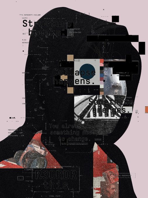 The image features a black hooded figure with a face, wearing a red scarf around their neck. The background of the image is white, which contrasts with the dark colors of the figure's attire. In the bottom right corner of the image, there are two lines of text that read "R3ODDR this" and "HOODED VOID Just sold for 0.5ETH on secondary!". This suggests that someone has posted a sale item or an interesting piece of art for sale online, with the figure being one of the items up for grabs.