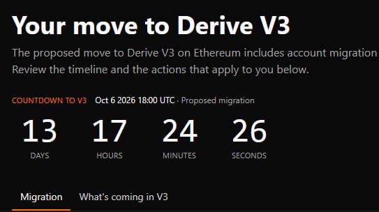 The image displays a countdown timer for Derive V3 on Ethereum, showing 13 days, 17 hours, 24 minutes, and 26 seconds until the proposed migration on Oct 6, 2026 at 18:00 UTC, with navigation tabs for "Migration" and "What's coming in V3."

This visual directly supports the post by highlighting the key date and time mentioned—Derive V3 launching on October 6th at 18:00 UTC—serving as a clear reference point for $DRV holders preparing for the migration.