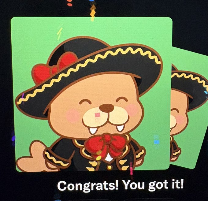 A digital sticker of a cartoon character wearing a sombrero and a charro suit with the text 'Congrats! You got it!' below.