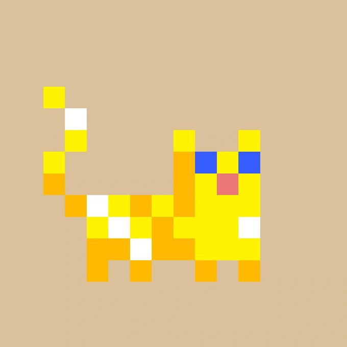 A simple pixel art illustration of an orange and white cat with blue eyes and a pink nose on a beige background.