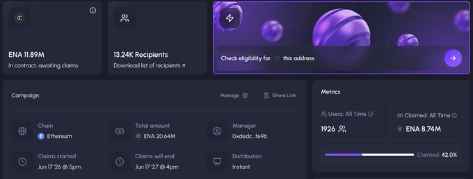 The image displays an advertisement for ENA trading airdrops, where the user can claim their reward by checking their eligibility. The ad features multiple purple balls floating around with different numbers attached to each ball, representing the rewards that users are entitled to. It also shows details about the process of claiming these rewards and the app's status on the screen, giving the viewer a clear understanding of how ENA trading works.