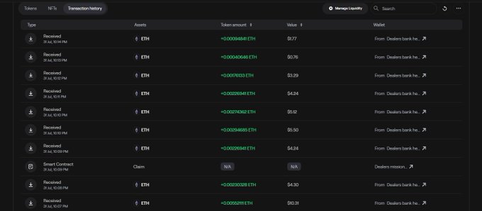 A screenshot of an Etherscan transaction history tab showing multiple ETH "Received" transactions on July 31, 2024, ranging from small amounts like 0.12 ETH to 0.77 ETH, all originating from a wallet associated with "Dealers bank," illustrating the numerous small claim transactions referenced in the post about claiming a VAULT airdrop cut from Dealers on Abstract Chain.