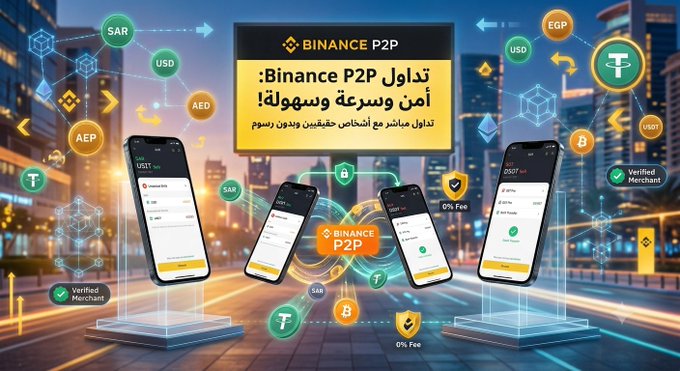 A promotional graphic for Binance P2P, featuring Arabic text advertising fast and easy cryptocurrency exchange, surrounded by floating smartphones, currency icons (USDT, BTC, SAR, EGP), and cityscapes.