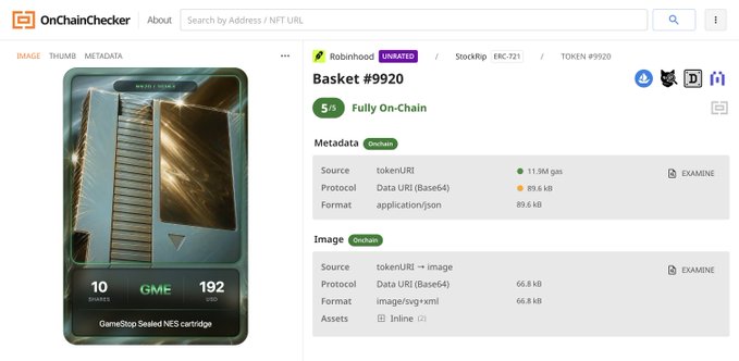 A screenshot of the OnChainChecker website shows metadata for a Robinhood token NFT called 'Basket #9920', featuring a sealed GME NES cartridge image with '10 GME 192' displayed.