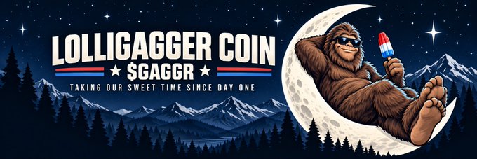 A banner for 'LOLLAGGER COIN' featuring a furry creature on a crescent moon holding a popsicle, with the tagline 'TAKING OUR SWEET TIME SINCE DAY ONE'.