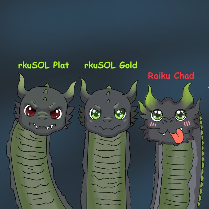 A cartoon illustration showing three serpentine creatures labeled 'rkusOL Plat' (angry red eyes), 'rkusOL Gold' (neutral green eyes), and 'Raiku Chad' (happy with blushing cheeks and tongue out).