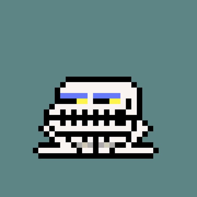 A pixel art skull with a stacked book spine running through its middle, featuring glowing yellow eyes against a teal background.