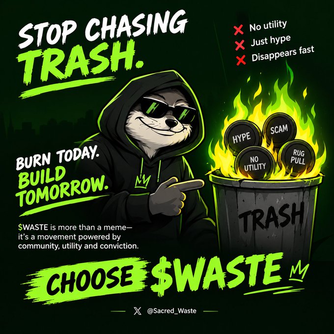 A promotional graphic for $WASTE token featuring a sloth in a hoodie pointing at a trash can containing flaming coins labeled 'HYPE', 'SCAM', 'NO UTILITY', and 'RUG PULL', with the tagline 'STOP CHASING TRASH' and '@Sacred_Waste'.