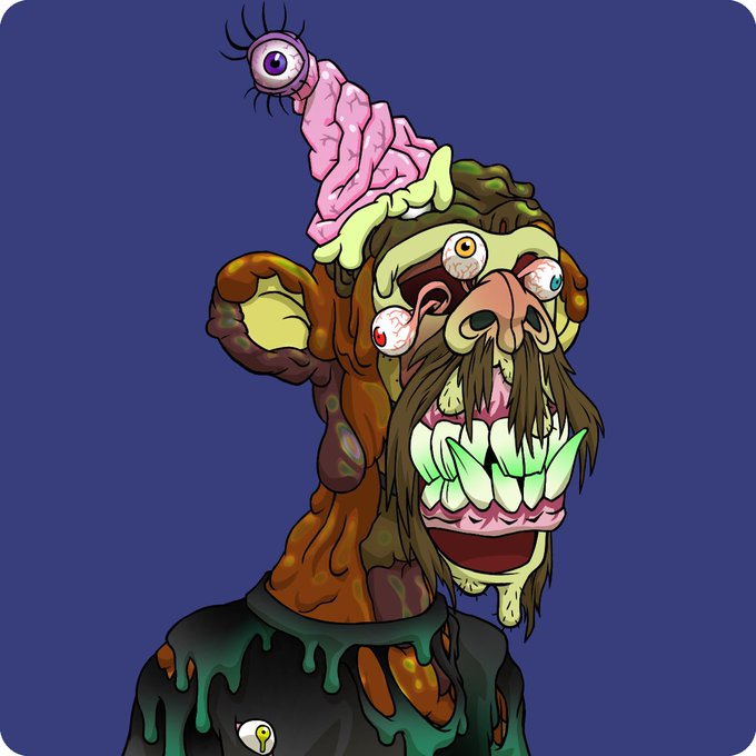 A grotesque, multi-eyed mutant creature with exposed brain matter, a dangling eyeball, and a large grinning mouth with green-tinted teeth is shown in cartoonish style. The image aligns with the "Bored Ape Yacht Club" theme from the post, depicting a customized, mutated variation of the iconic ape character for "Mutant Monday."
