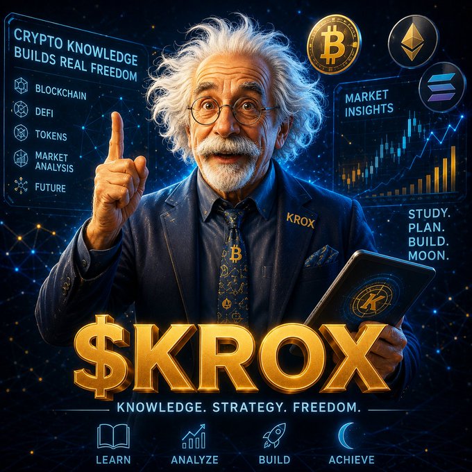 Professor Krox, an Einstein-inspired character with wild white hair and round glasses, points upward while holding a tablet, surrounded by cryptocurrency symbols including Bitcoin (₿), Ethereum (Ξ), and Solana logos. The promotional graphic features text such as "$KROX," "Knowledge. Strategy. Freedom.," and "Study. Plan. Build. Moon.," emphasizing the $KROX token's tagline of "Crypto Knowledge Builds Real Freedom" through learning, analyzing, building, and achieving.