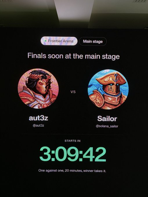The image shows a countdown timer on a screen displaying "Finals soon at the main stage" with a matchup between **aut3z** (@aut3z) and **Sailor** (@solana_sailor), starting in **3:09:42**. The caption notes this 20-minute winner-takes-all showdown is taking place at the main stage of @Oligarchxyz's Frontier Arena, with roughly three hours remaining until the final begins.