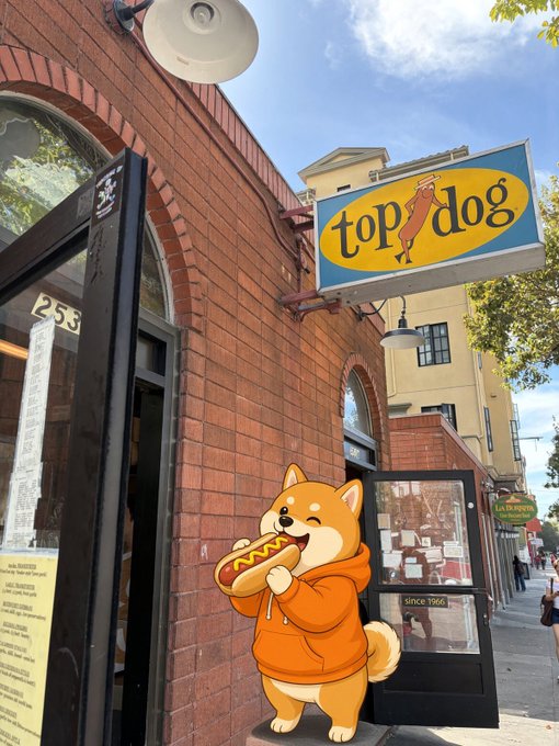 A photo of the 'top dog' restaurant storefront featuring a cartoon Shiba Inu mascot in an orange hoodie eating a hot dog, with a sign reading 'top dog' since 1966.