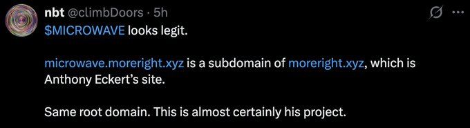 A tweet from nbt (@climbDoors) stating '$MICROWAVE looks legit,' noting that microwave.moreright.xyz is a subdomain of moreright.xyz, Anthony Eckert's site.