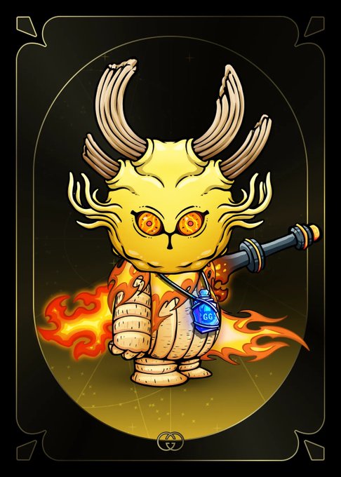 A stylized tarot-like trading card depicts a fiery, antlered yellow creature with large orange eyes wielding a sword and wearing a blue pendant labeled "GG," surrounded by flames. The artwork represents Koda #199 from the post, highlighting the character's "Mega Koda Weapon (Sword of Alinta)" and "KodaPendant" relic that were sold for 1.58 ETH.