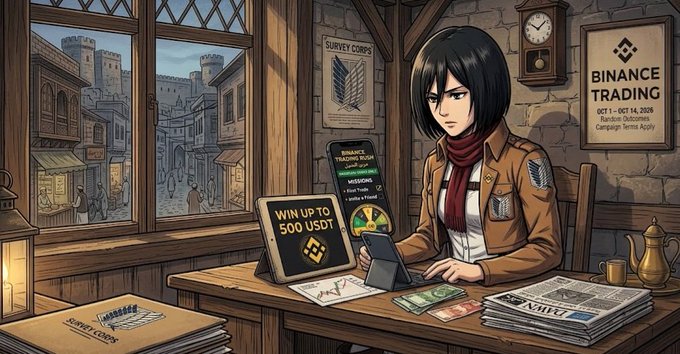 An anime-style illustration of a character resembling Mikasa from Attack on Titan sitting at a desk with 'BINANCE TRADING' themed signs and a 'WIN UP TO 500 USDT' tablet display.