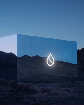 A sleek, mirrored cube sits in a barren, twilight landscape, reflecting the dusky sky and rugged terrain—its mirrored surface displaying a glowing water-droplet logo representing Sui Network, visually embodying the brand's "signal, not the noise" philosophy by standing as a singular, refined symbol amid emptiness.