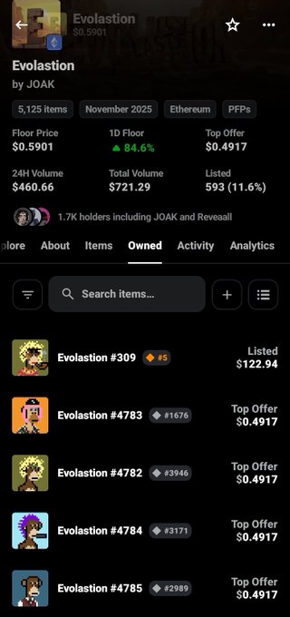 A screenshot from an NFT marketplace showing the "Evo4sion" collection by JOAK with a floor price of $0.5901 (up 84.6%), 5,125 items, 1.7K holders, and individual Evo4sion #309, #4783, #4782, #4784, and #4785 items listed below.