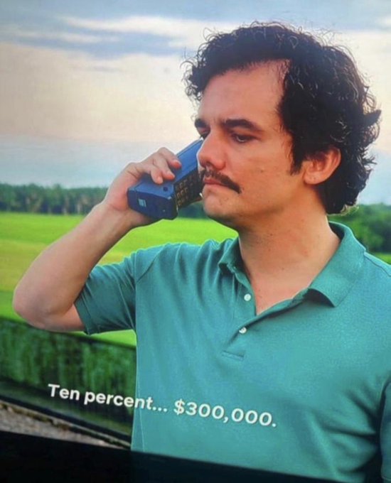 A meme featuring actor Eric André holding a large blue brick-style cell phone to his ear, set against a rural field background, with the caption 'Ten percent... $300,000.'