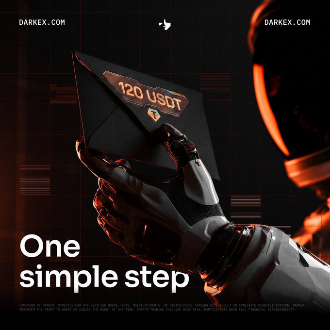 A dark, futuristic ad for DARKEX.COM features a robotic hand holding an envelope labeled '120 USDT' with the tagline 'One simple step', promoting a crypto trading campaign.