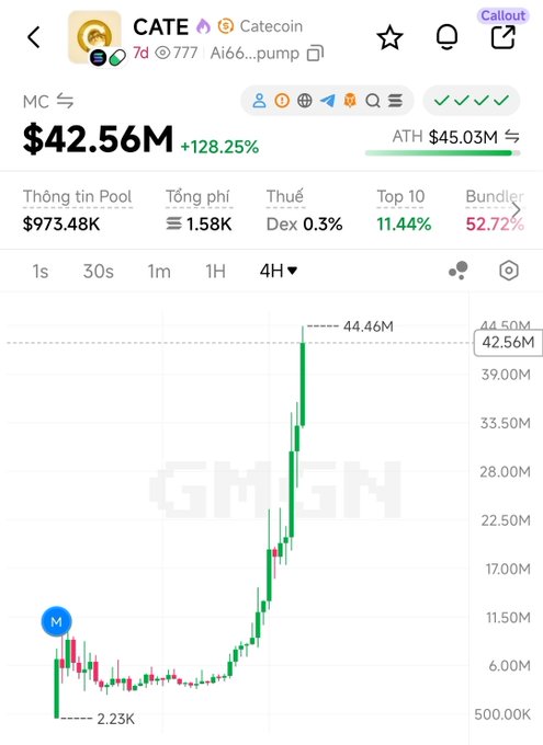 A cryptocurrency trading chart shows 'CATE (Catecoin)' with a market cap of '$42.56M' (+128.25%), featuring a dramatic upward price spike on a 4-hour candlestick chart.