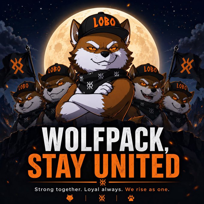 An illustration of anthropomorphic wolves wearing 'LOBO' caps and bandanas under a full moon, with bold text declaring 'WOLFPACK, STAY UNITED' and the tagline 'Strong together. Loyal always. We rise as one.'
