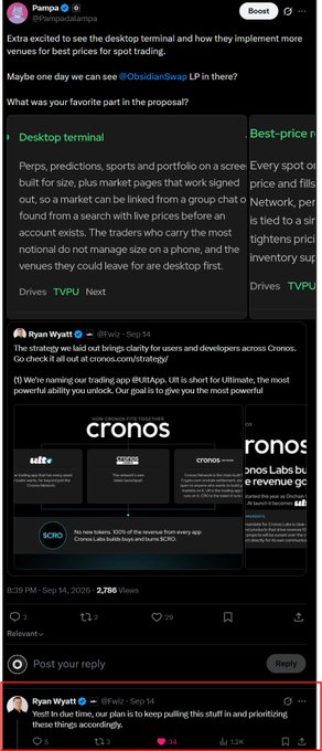 A screenshot of an X (formerly Twitter) post by 'Pampa' discussing 'ObsidianSwap' and desktop terminals, with a reply from 'Ryan Wyatt' about the 'Cronos' blockchain featuring the @cronoslabs logo.