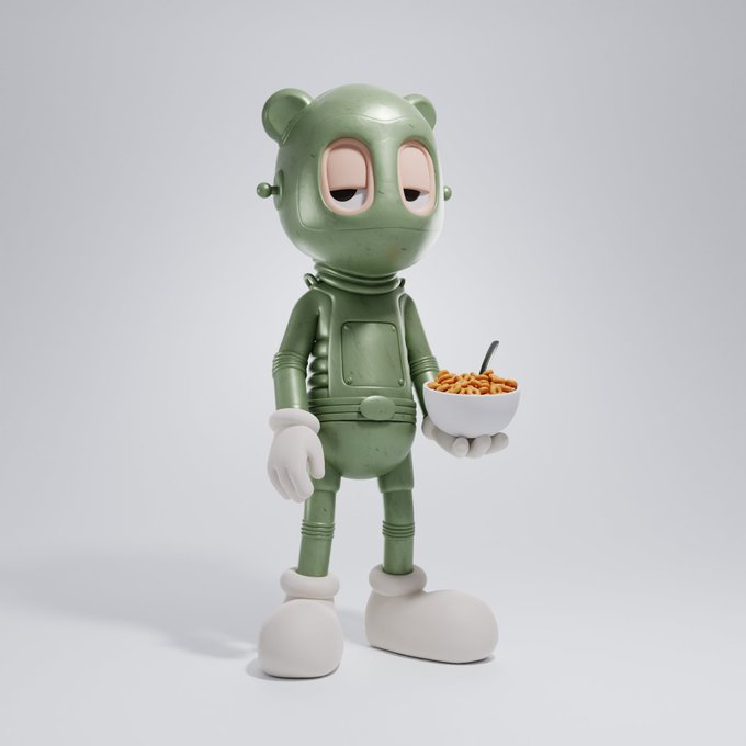 A 3D render of a green, cartoonish robot with large white eyes holding a bowl of cereal, standing against a plain light background.