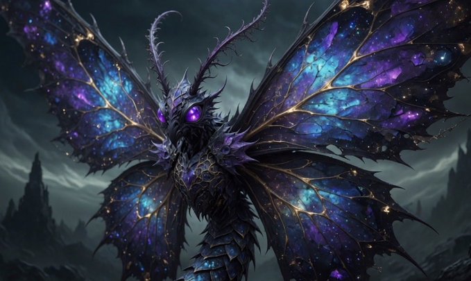 A dark, fantastical butterfly-like creature with expansive wings featuring vibrant purple, blue, and gold patterns resembling a starry galaxy, set against a gloomy mountainous backdrop.

The mystical winged creature complements the social post about "Gquip GN have a good one @quipnetwork" by evoking an otherworldly, magical atmosphere that aligns with a creative or gaming community's farewell message.