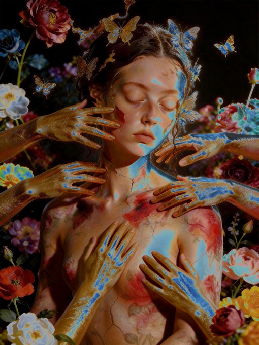 A surreal digital artwork showing a woman with closed eyes surrounded by golden hands and colorful flowers, with blue and red paint decorating her skin—evoking a dreamy, ethereal mood fitting the uplifting "gm beautiful people" greeting.