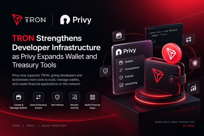 A promotional graphic announcing "TRON Strengthens Developer Infrastructure as Privy Expands Wallet and Treasury Tools," featuring the TRON and Privy logos.