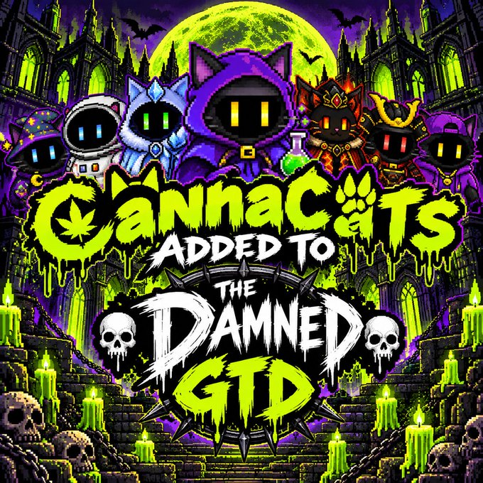 Vibrant neon Halloween-themed artwork titled "CANNACATS ADDED TO THE DAMNED GTD", featuring hooded cat characters with glowing eyes against a green moonlit gothic castle backdrop.