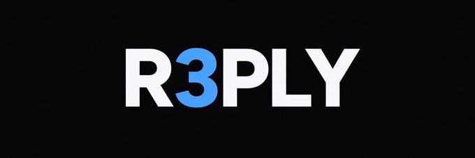 The "R3PLY" logo in white and blue text on a black background, with the "3" highlighted in blue.