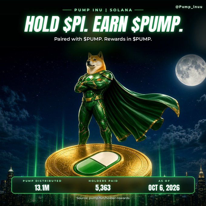 A promotional graphic for 'PUMP INU | SOLANA' with the text 'HOLD $PI. EARN $PUMP.' and statistics showing 13.1M Pump distributed, 5,363 holders paid as of Oct 6, 2026.