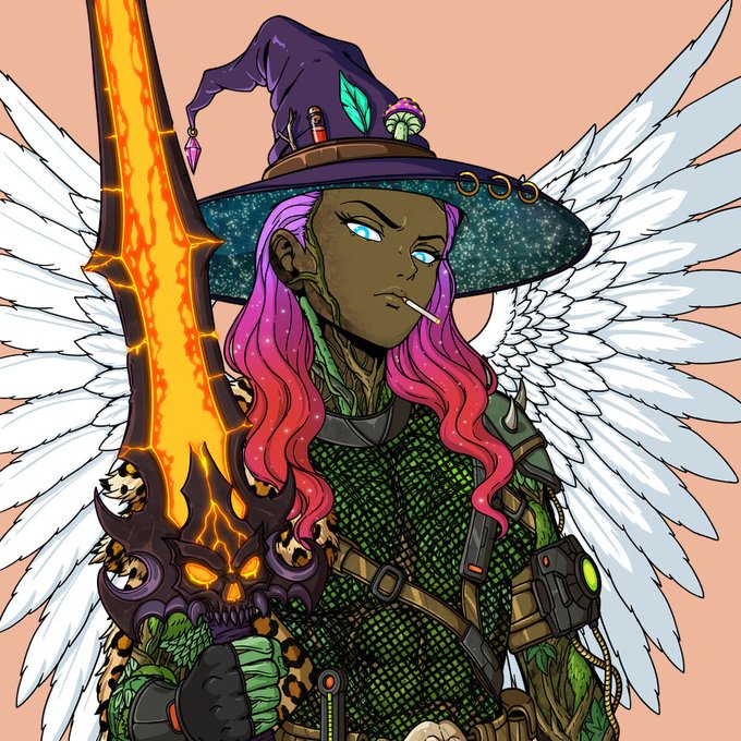 A stylized illustration of a winged dark-skinned warrior woman wearing a witch hat with potions and pink-to-purple hair, wielding a flaming sword with a demonic skull guard.