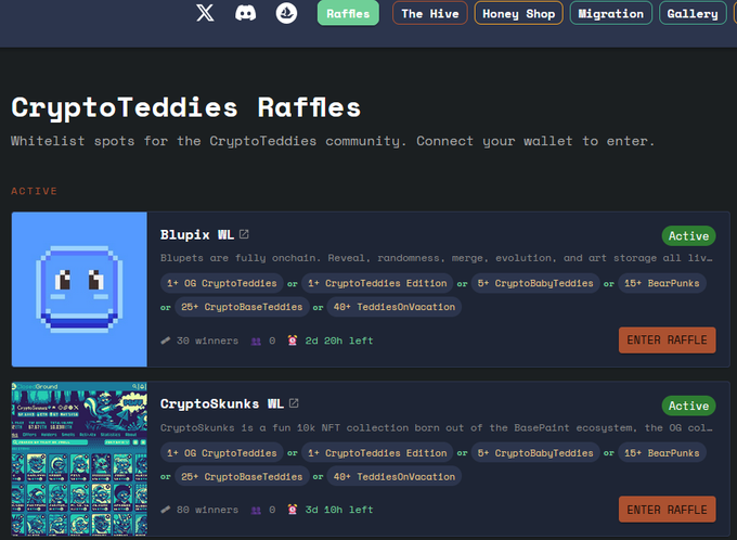 The image shows a page from the website Cryptoteldies Raffles, which features two posts with different titles. One post has the title "Cryptoteldies raffles" at the top, while the other post also has a similar title but is titled "Raffles". There is another post related to the raffles, specifically an activity called "crypto raffles". The image focuses on these elements and does not provide any further information about the overall content.
