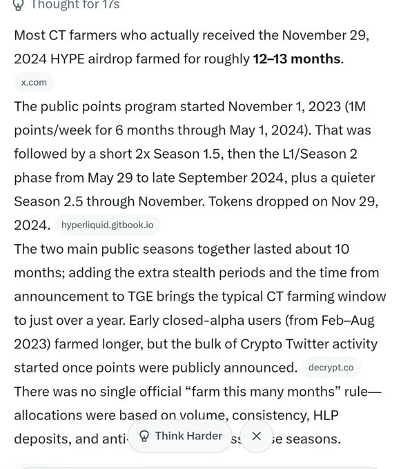 A social media post discusses the HYPE airdrop timeline, noting that most CT farmers received the November 29, 2024 airdrop after farming for roughly 12–13 months across multiple seasons, with a 'Think Harder' prompt overlay at the bottom.