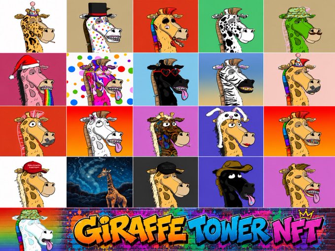 A collage of various cartoon giraffe character avatars, directly representing the "Giraffe Tower NFT" collection mentioned in the text.