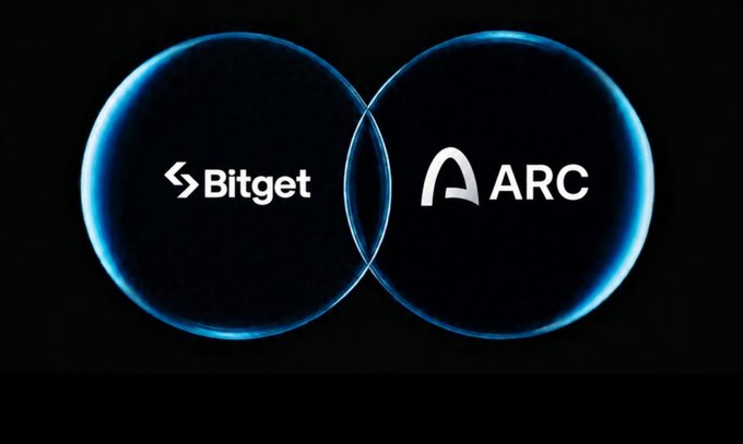 A graphic displaying the logos 'Bitget' and 'ARC' inside two overlapping blue glowing circles against a black background.