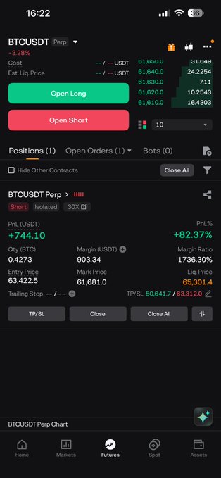 The image shows a smartphone screen displaying a trading app that tracks Bitcoin (BTC). The app has multiple columns showing realtime information about cryptocurrency prices, such as BTC, USDT, UST, 0.69 USDC, PUSDT, and LTC. There are several options available in the app to buy, sell or trade Bitcoins on the market. 

The image also includes a post that reads "Took 50% profit $BTC" next to the Bitcoin (BTC) screen. This message seems related to the trading activity currently displayed within the app and could be an indication of potential gains made through cryptocurrency trading.
