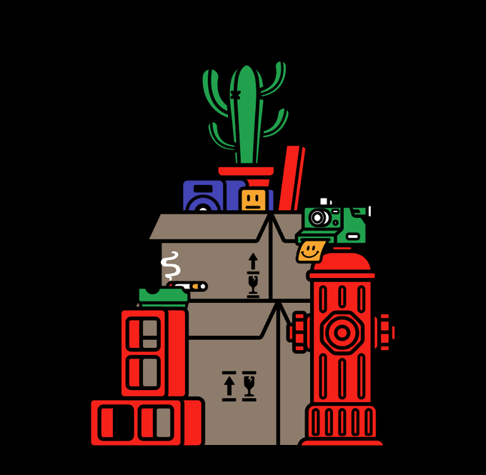 A stylized vector illustration on a black background depicting a stack of moving boxes labeled with fragile wine glass symbols, topped with a potted cactus, accompanied by a green vintage camera and a red fire hydrant, with a lit cigarette resting on one box.