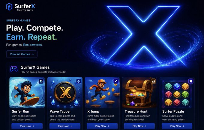 The SurferX 'Ride the Wave' games platform homepage featuring game titles like Surfer Run, Wave Tapper, X Jump, Treasure Hunt, and Surfer Puzzle with 'Play. Compete. Earn. Repeat.' branding.