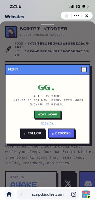 A mobile screenshot shows a website for 'SCRIPT KIDDIES' with text '10,000 ONCHAIN HACKERS' and a 'MINT' panel displaying '#6485 IS YOURS' with a 'MINT MORE' button, viewed at scriptkiddies.com.