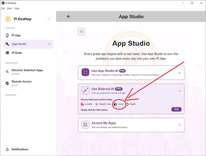 The screenshot shows the Pi Desktop App Studio interface with the "Use External AI" section expanded, highlighting the "Cursor" option with a red circle and arrow indicating how to integrate Cursor with Pi Node. This visual guides users on connecting the Cursor AI coding tool to the Pi ecosystem through the App Studio.
